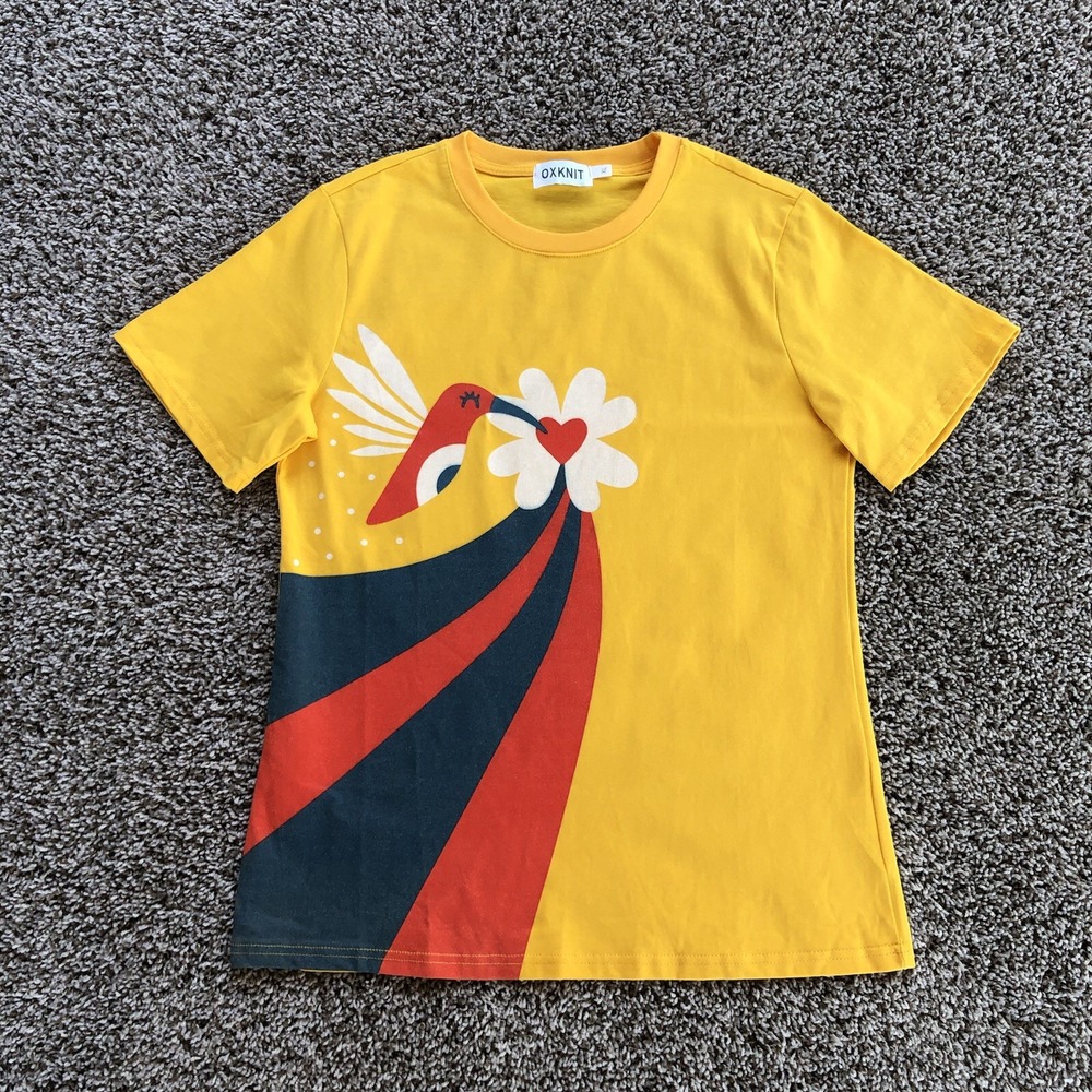 Oxknit Graphic Art Shirt Adult Size XL Hummingbird Heart Flower Short Sleeve Tee